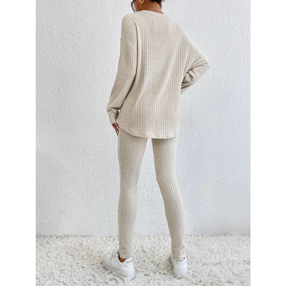 2 piece set long sleeve Tee & knit Leggings boho casual cream - Picture 2 of 11